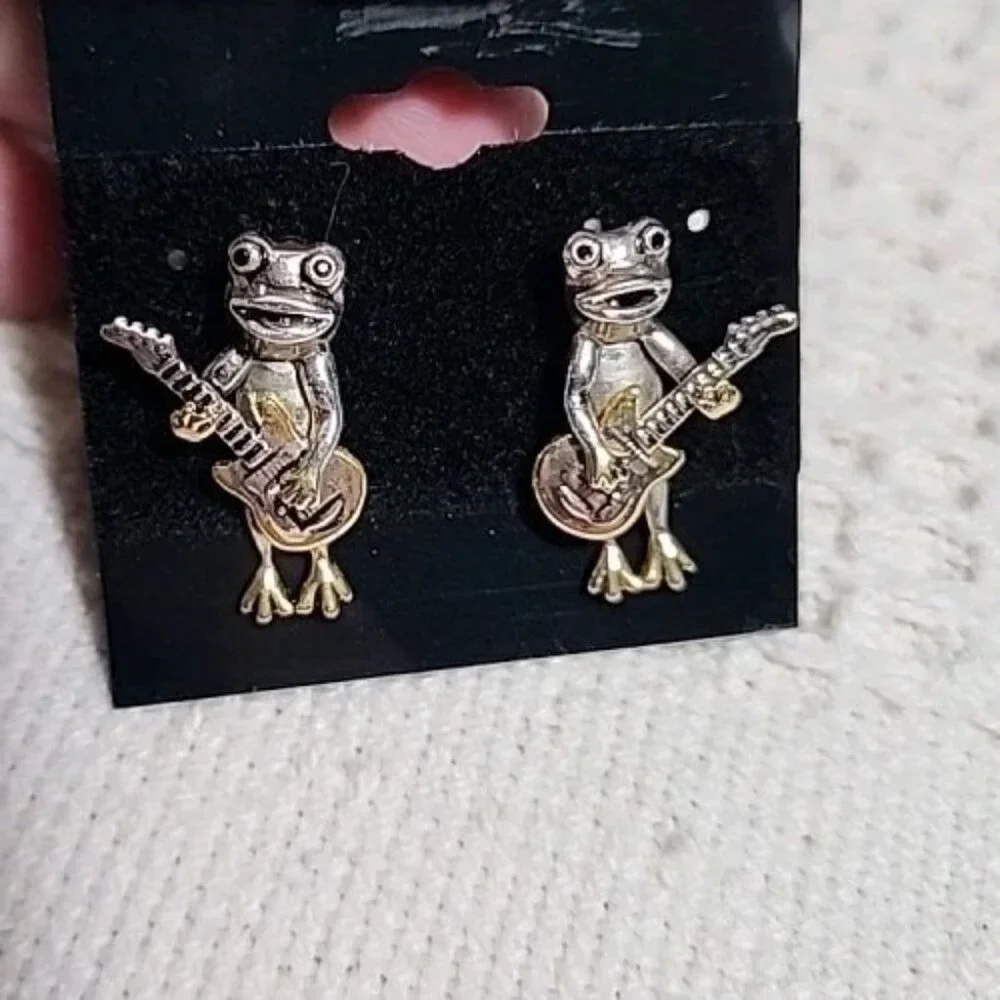Novelty Articulated Earrings Frog Playing Guitar Silver Gold‎ Toned Post Pierced